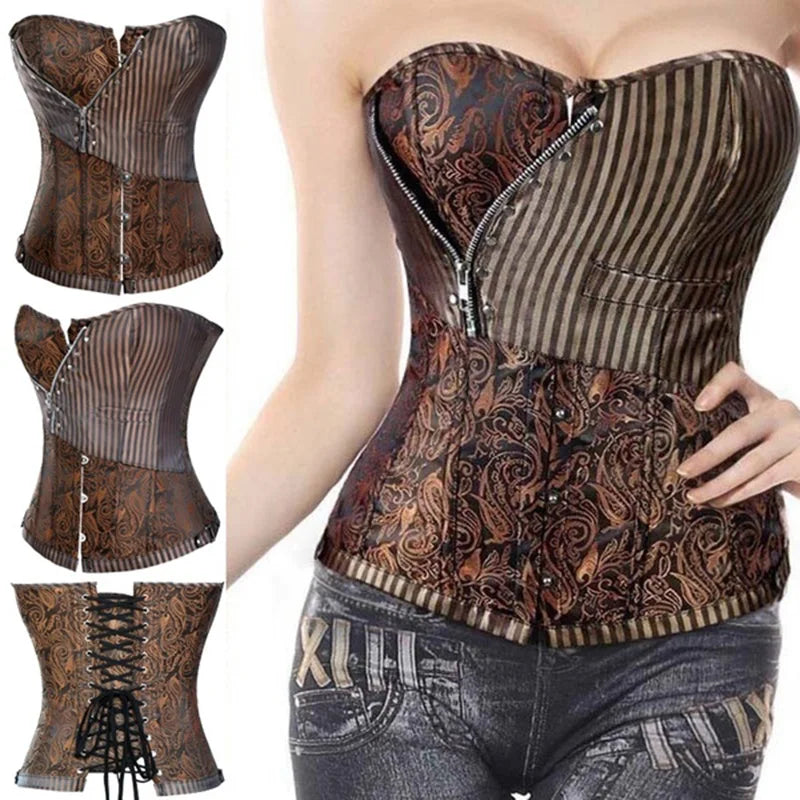 Vintage Brocade Corset Top with Buckle Accents and Lace-Up Back Design