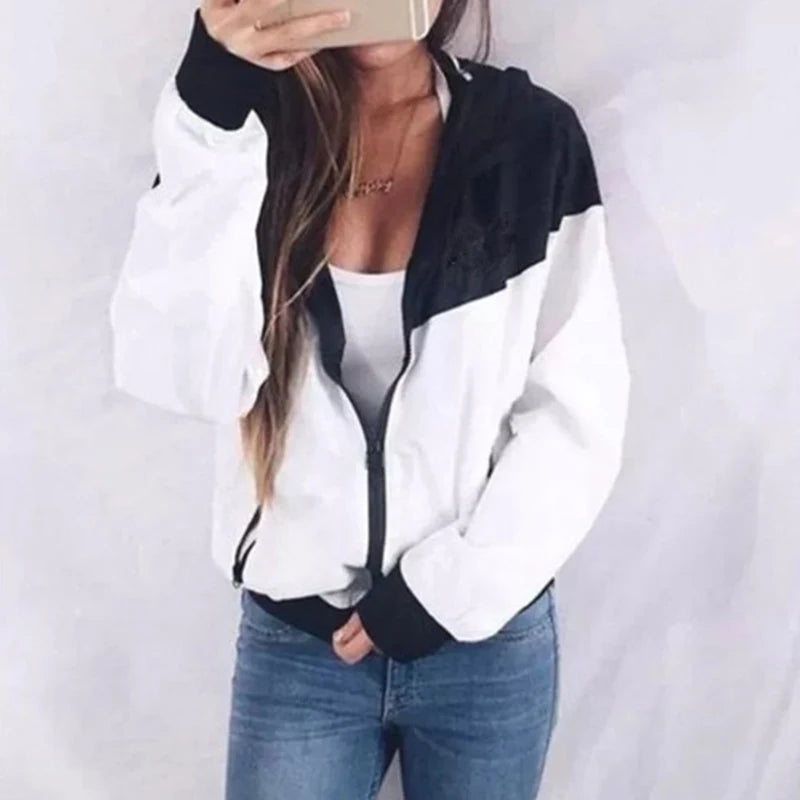 Women's Color Block Hooded Zip Jacket with Relaxed Casual Streetwear Everyday Style