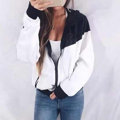 Women's Color Block Hooded Zip Jacket with Relaxed Casual Streetwear Everyday Style