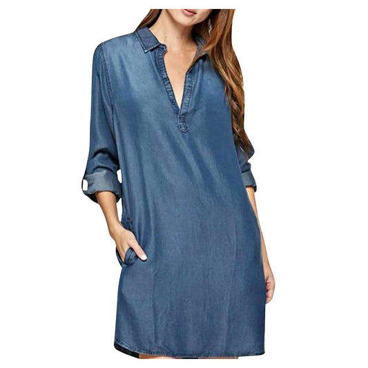 Relaxed Denim Inspired Shirt Mini Dress with V Neck and Long Sleeves