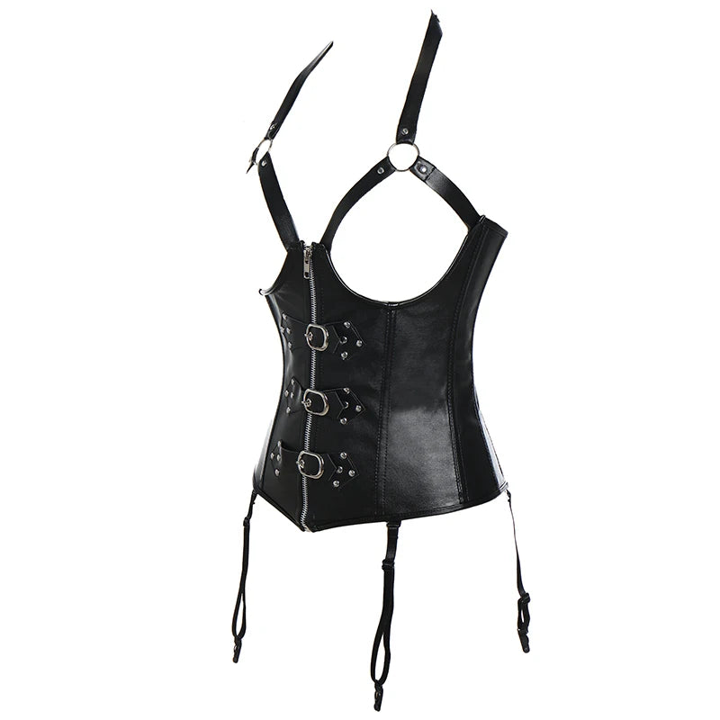 Edgy Black Faux Leather Underbust Harness Corset with Garter Straps