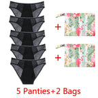 Five-Piece Black Menstrual Brief Set with Sheer Mesh Panels and Travel Bags