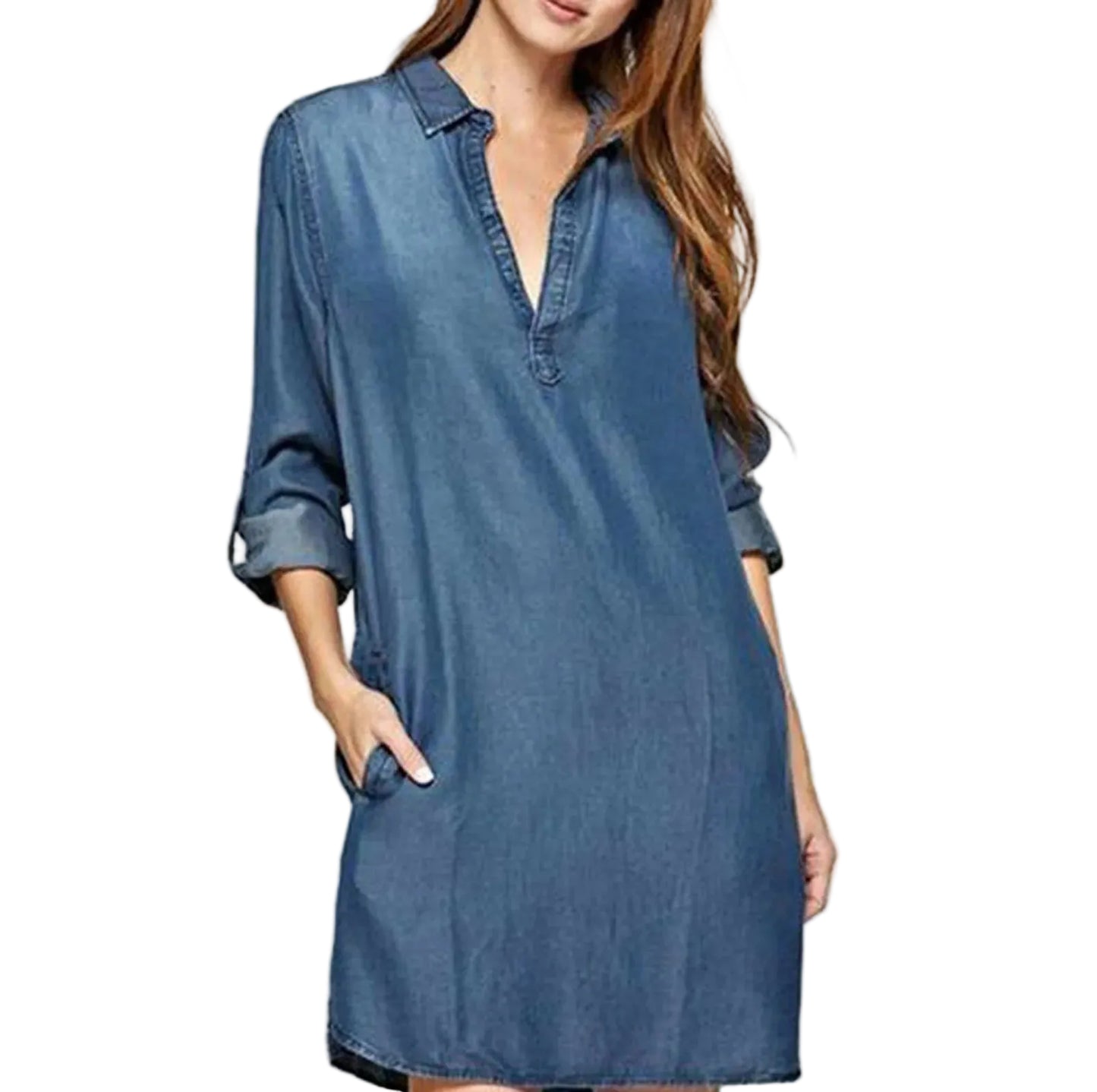 Relaxed Denim Inspired Shirt Mini Dress with V Neck and Long Sleeves