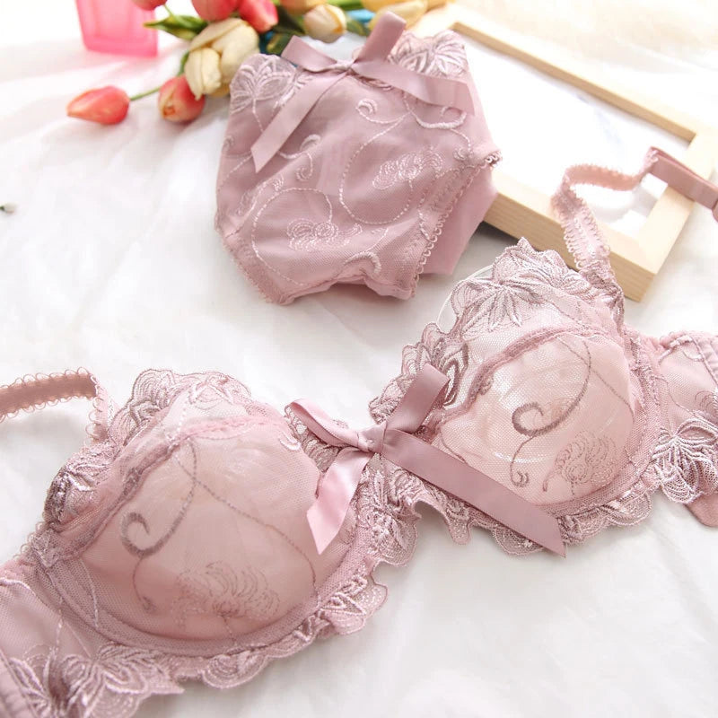 Romantic Dusty Pink Floral Embroidered Underwire Bra and Brief Set