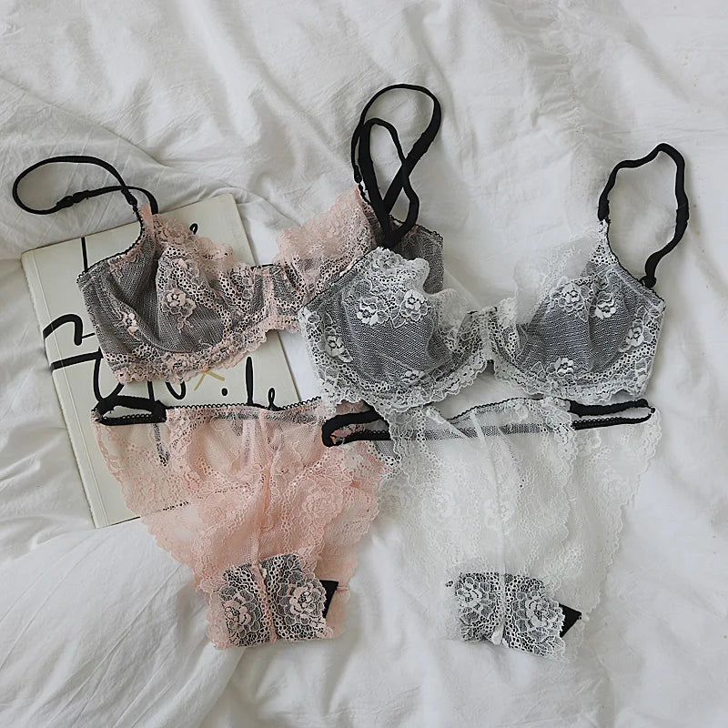 Delicate Eyelash Lace Ultra-Thin Unlined Bra and Panty Set