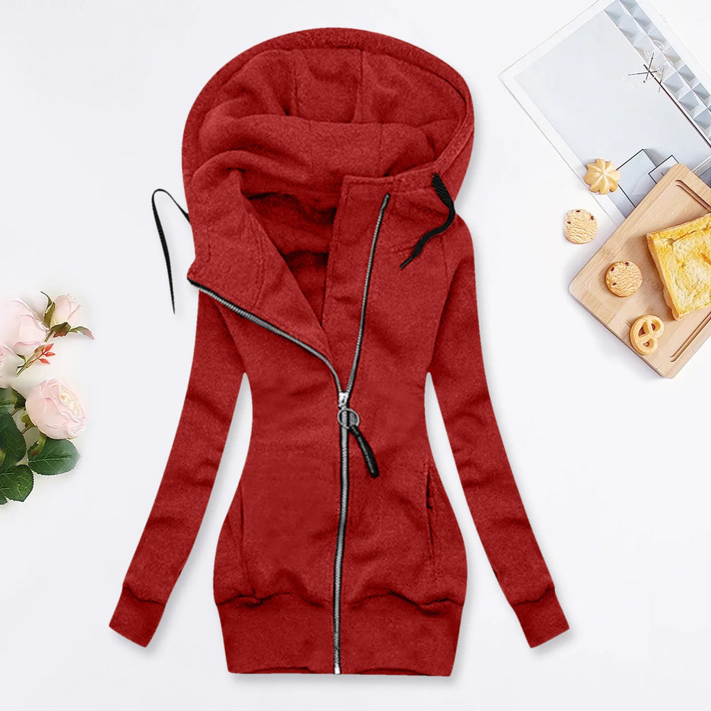 Women's Long Hooded Zip Jacket with Slim Fit Everyday Streetwear Layering Design