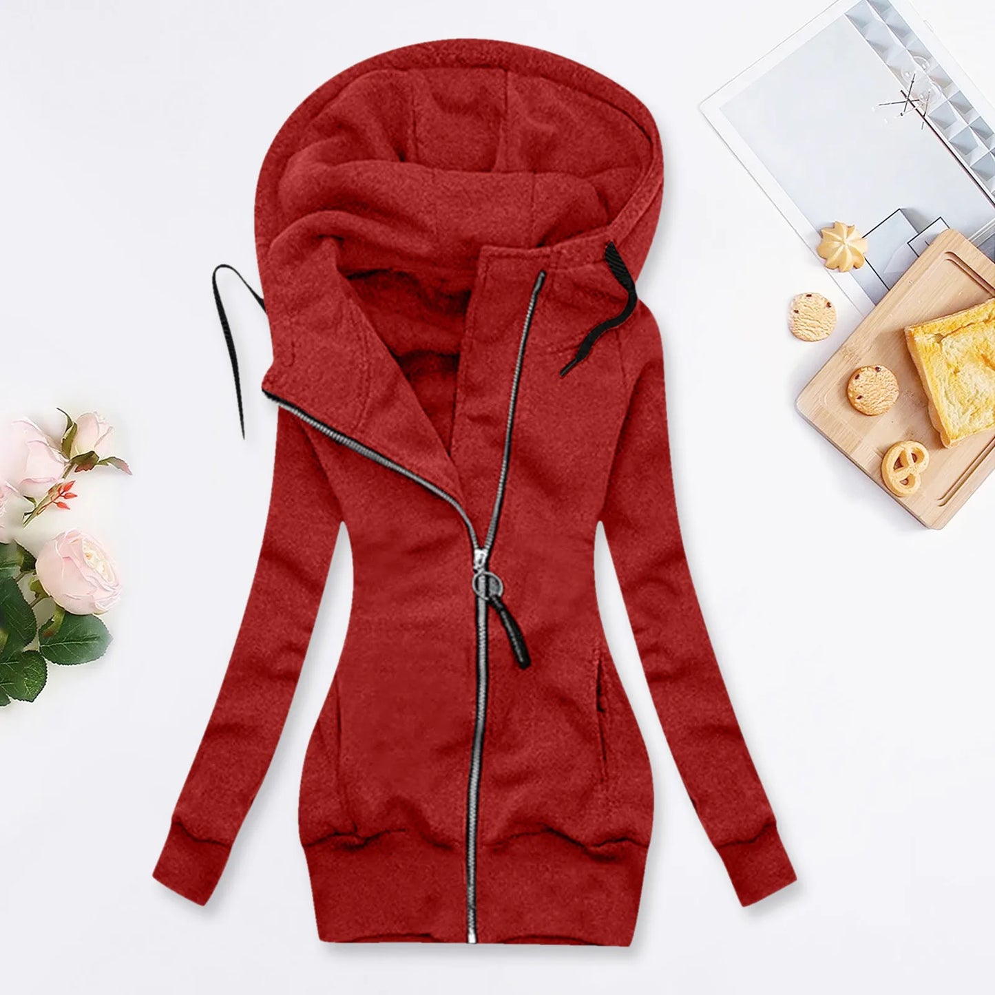 Women's Long Hooded Zip Jacket with Slim Fit Everyday Streetwear Layering Design