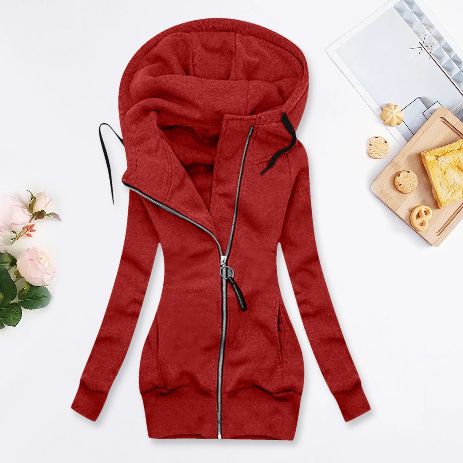 Women's Long Hooded Zip Jacket with Slim Fit Everyday Streetwear Layering Design