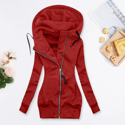 Women's Long Hooded Zip Jacket with Slim Fit Everyday Streetwear Layering Design