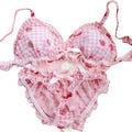 Sweet Pink Gingham and Strawberry Print Ruffled Wire-Free Bra Set