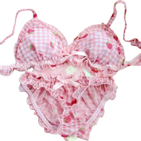 Sweet Pink Gingham and Strawberry Print Ruffled Wire-Free Bra Set