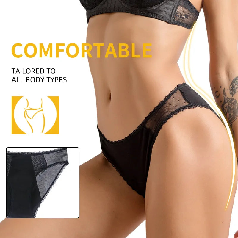 Five-Piece Black Menstrual Brief Set with Sheer Mesh Panels and Travel Bags