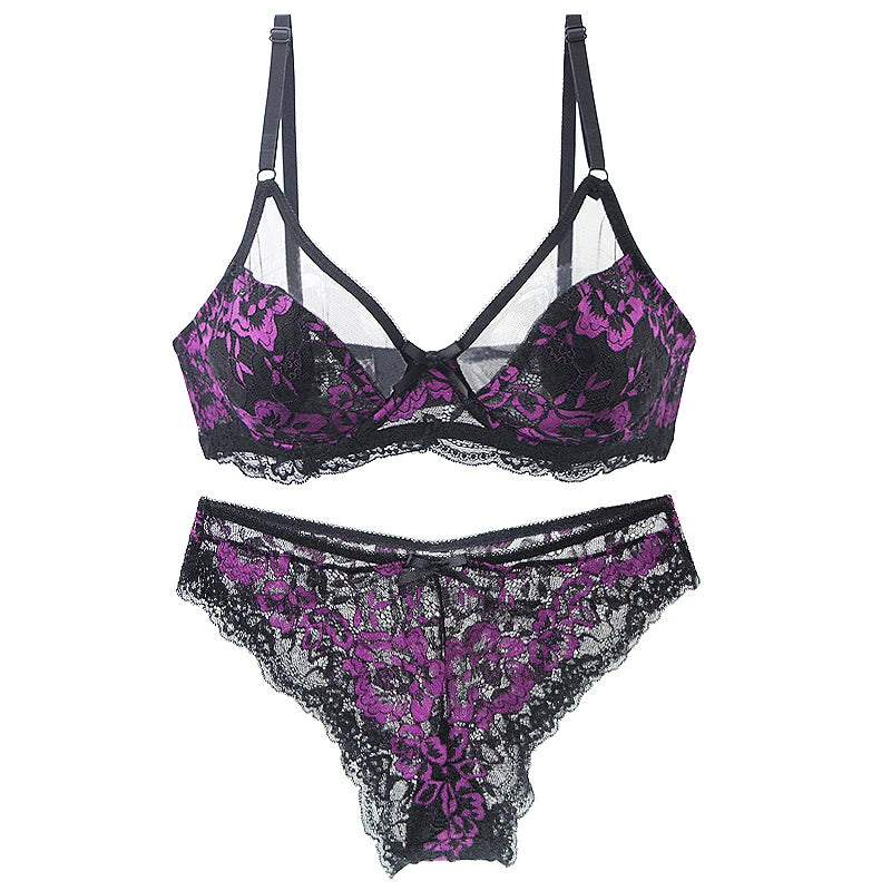 Emerald Green and Black Floral Lace Underwire Bra and Panty Set with Strappy Accents