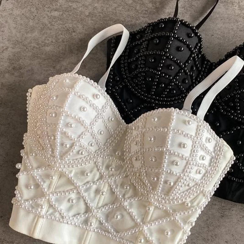 Opulent Black Beaded Bustier Camisole with Geometric Pearl Detailing