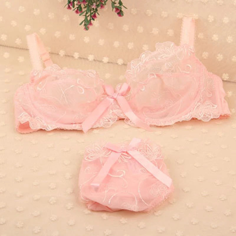Romantic Dusty Pink Floral Embroidered Underwire Bra and Brief Set