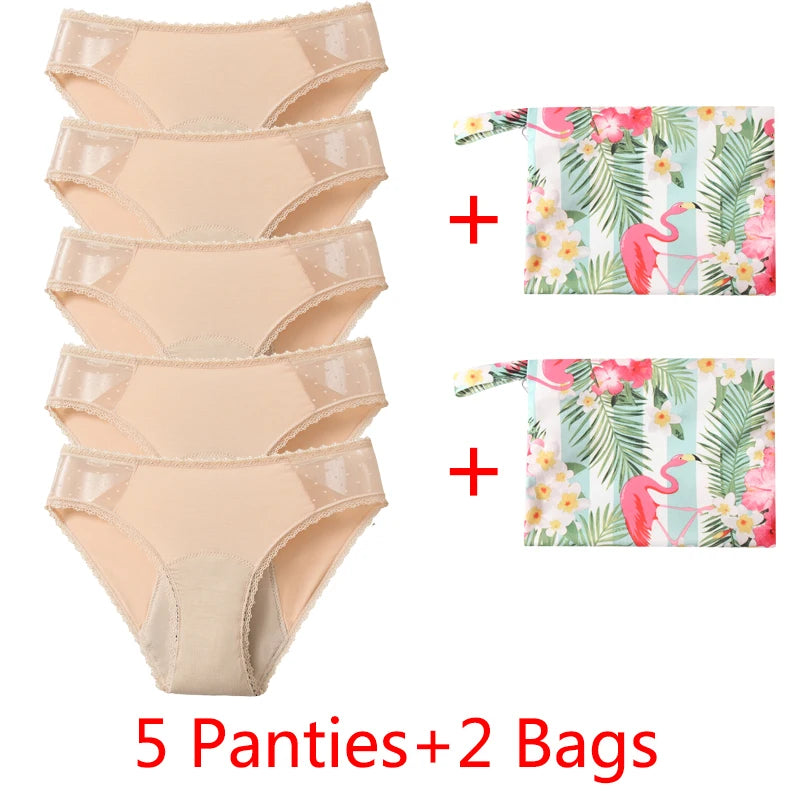 Five-Piece Black Menstrual Brief Set with Sheer Mesh Panels and Travel Bags