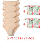 Five-Piece Black Menstrual Brief Set with Sheer Mesh Panels and Travel Bags
