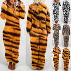 Plush Tiger Stripe Hooded Onesie Pajamas for Women, Long-Sleeve Full-Length Fleece Jumpsuit with Cozy Animal Print