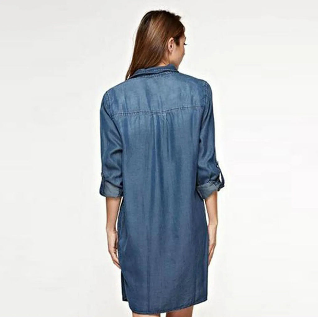 Relaxed Denim Inspired Shirt Mini Dress with V Neck and Long Sleeves