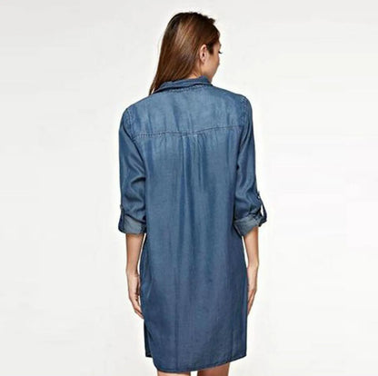 Relaxed Denim Inspired Shirt Mini Dress with V Neck and Long Sleeves