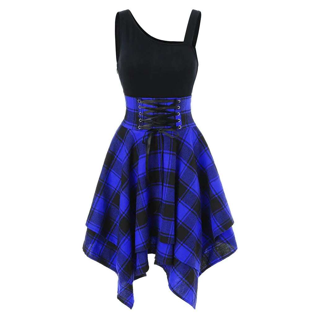 Plaid Handkerchief Hem Mini Dress with Sleeveless Bodice and Retro Styling