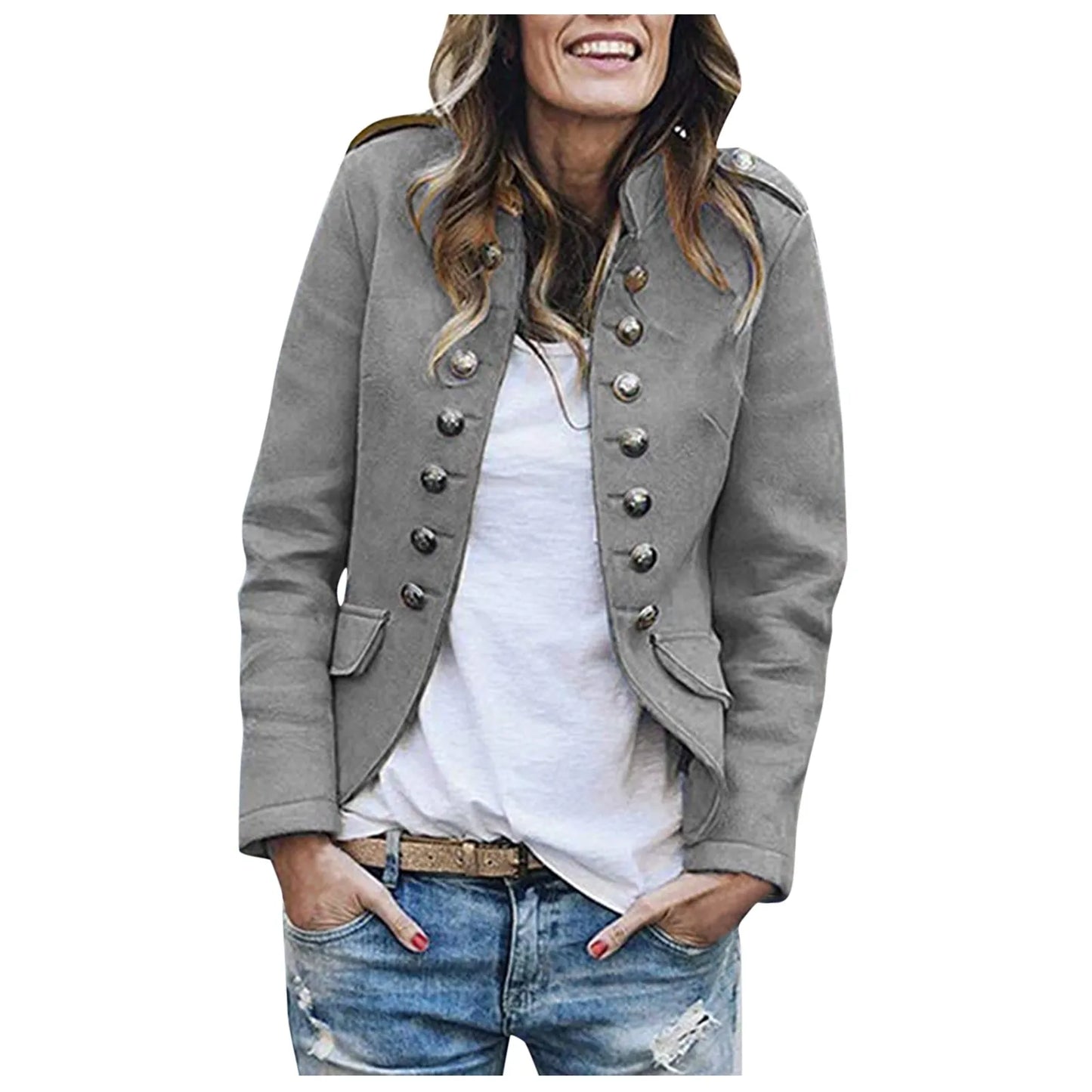 Women's Double Breasted Button Jacket Tailored Casual Layering Coat with Functional Pocket Design