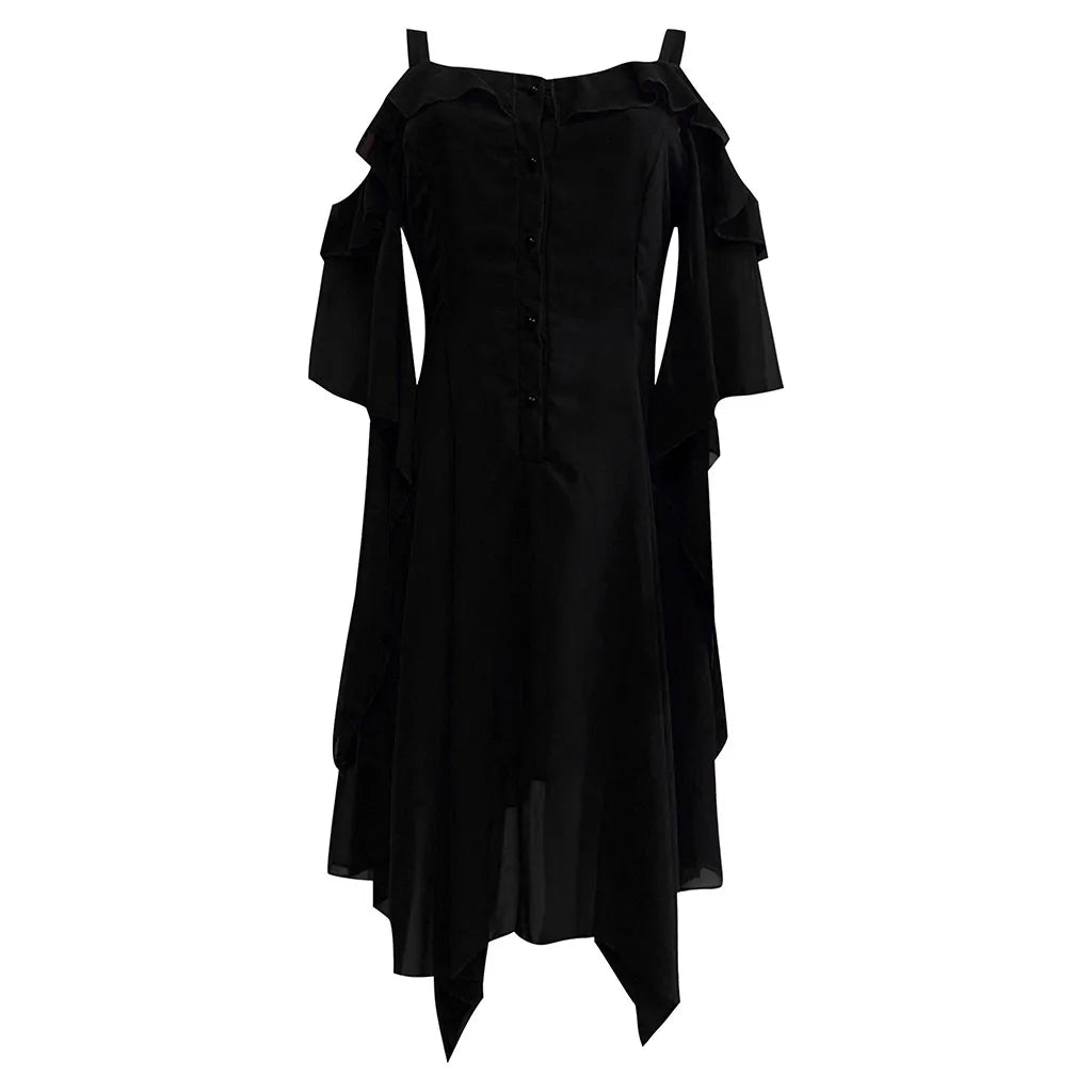 Dark Romantic Off-the-Shoulder Gothic Midi Dress with Dramatic Flowing Sleeves