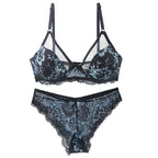 Emerald Green and Black Floral Lace Underwire Bra and Panty Set with Strappy Accents