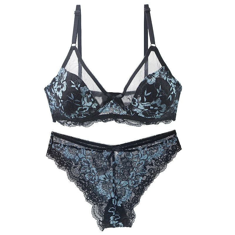 Emerald Green and Black Floral Lace Underwire Bra and Panty Set with Strappy Accents