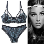 Emerald Green and Black Floral Lace Underwire Bra and Panty Set with Strappy Accents