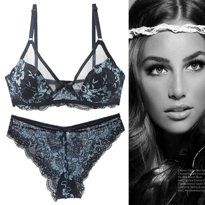 Emerald Green and Black Floral Lace Underwire Bra and Panty Set with Strappy Accents