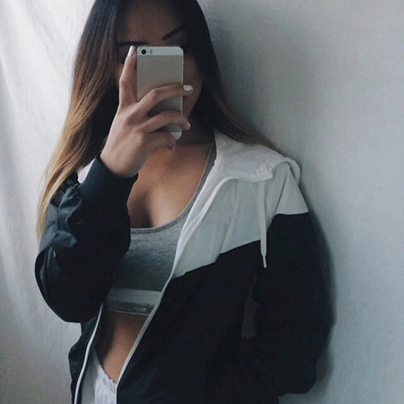 Women's Color Block Hooded Zip Jacket with Relaxed Casual Streetwear Everyday Style