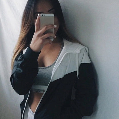 Women's Color Block Hooded Zip Jacket with Relaxed Casual Streetwear Everyday Style