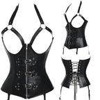 Edgy Black Faux Leather Underbust Harness Corset with Garter Straps