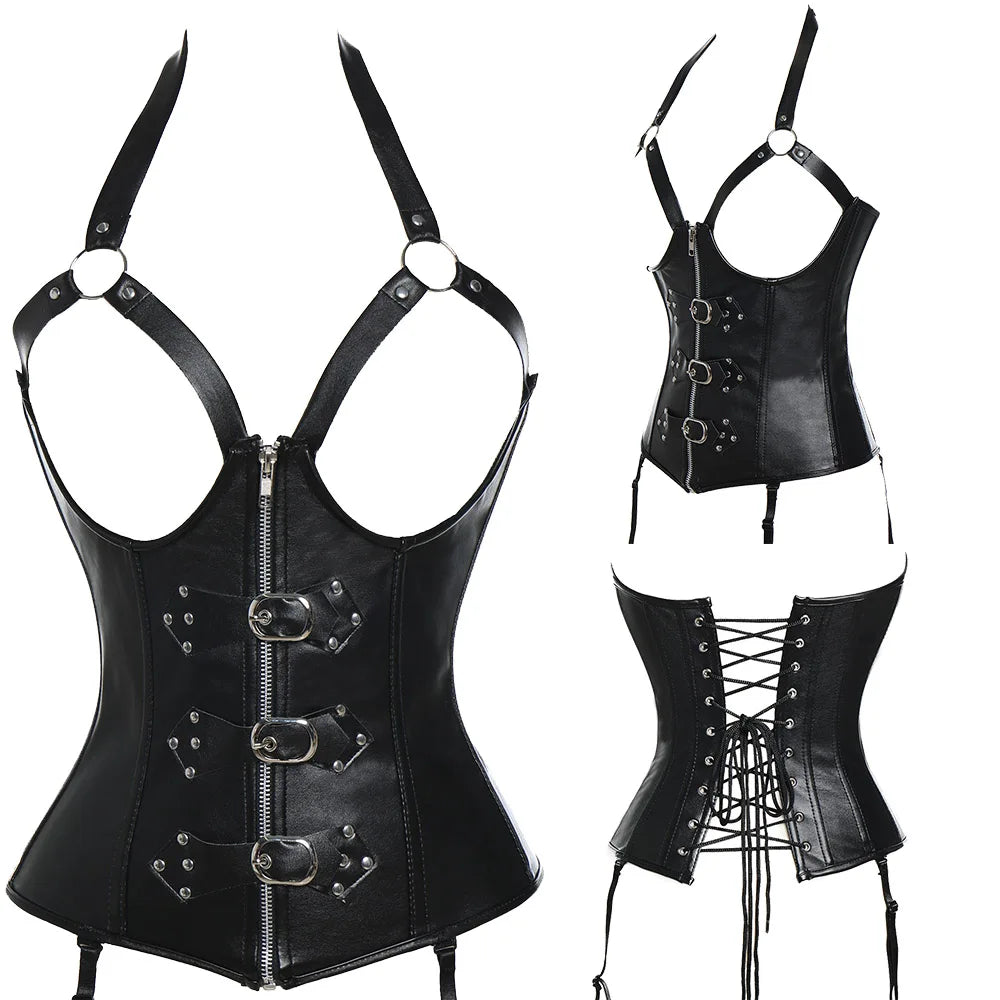 Edgy Black Faux Leather Underbust Harness Corset with Garter Straps