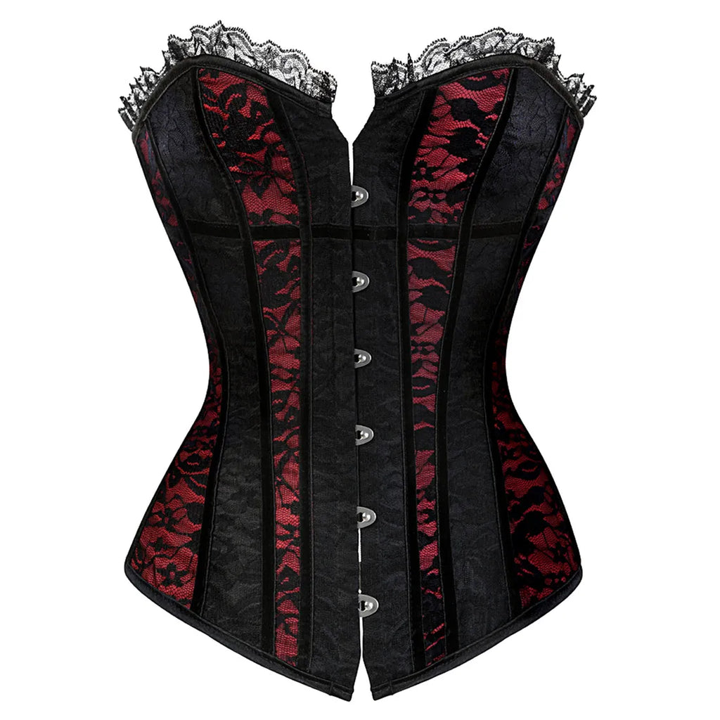 Dramatic Red and Black Lace Overbust Corset with Sweetheart Neckline and Front Busk