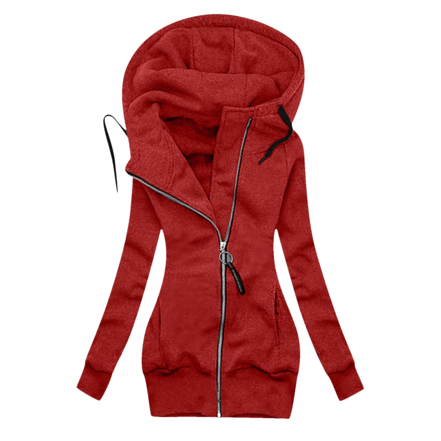 Women's Long Hooded Zip Jacket with Slim Fit Everyday Streetwear Layering Design