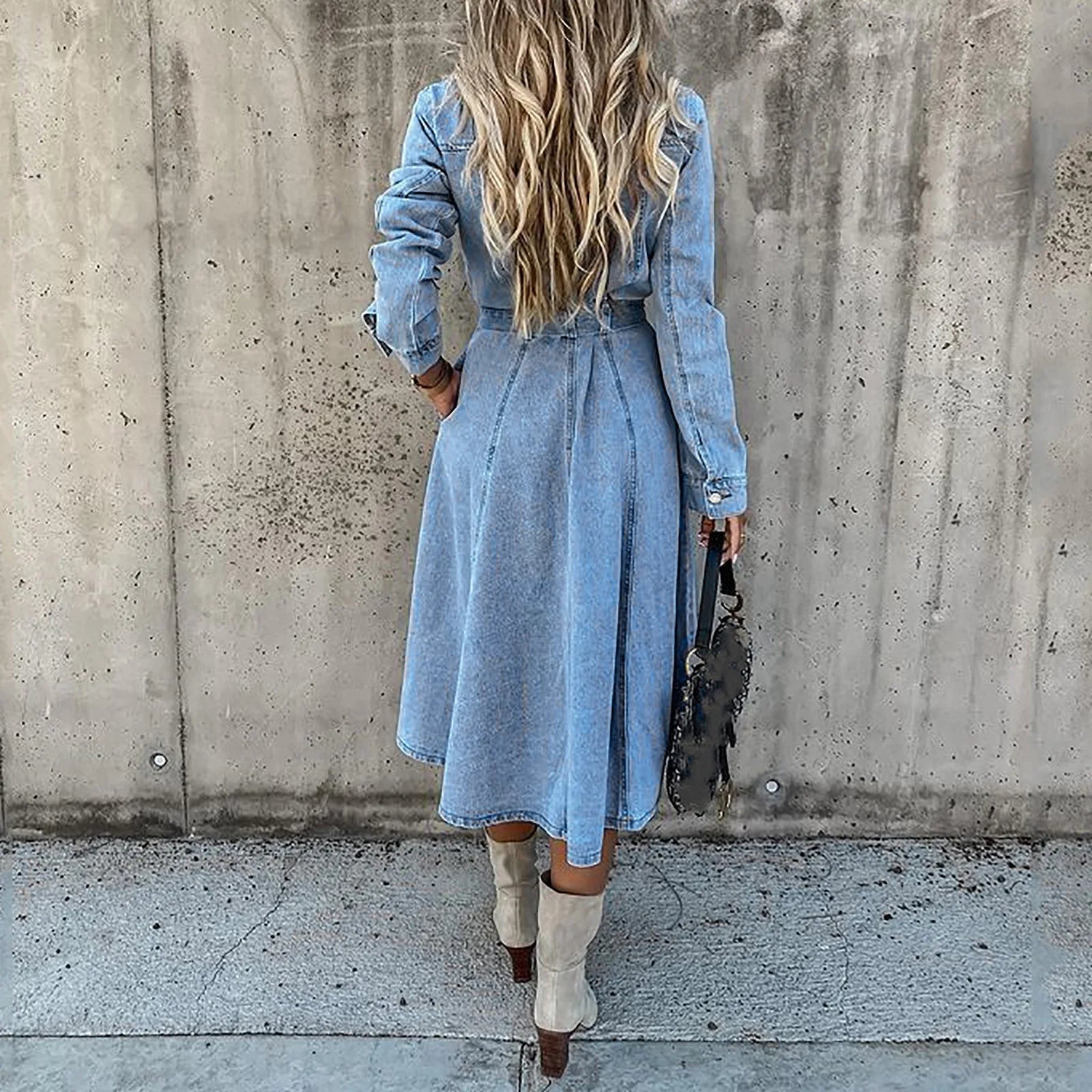 Women's Denim Shirt Midi Dress with Long Sleeves, Tie Waist and Relaxed A-Line Silhouette