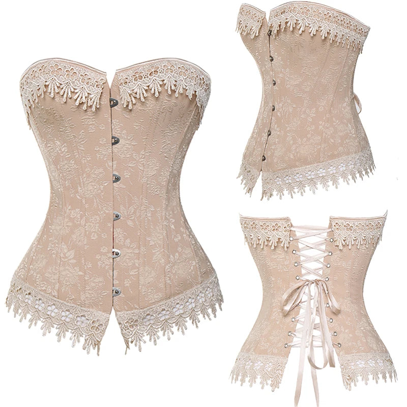 Embroidered Overbust Corset with Structured Boning and Lace-Up Back Detail