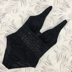 Black Ruched One-Piece Swimsuit with Deep V-Neck, Contrast Trim and Sleek Shaping-Inspired Silhouette