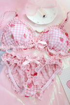 Sweet Pink Gingham and Strawberry Print Ruffled Wire-Free Bra Set