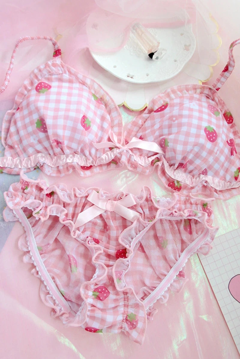 Sweet Pink Gingham and Strawberry Print Ruffled Wire-Free Bra Set