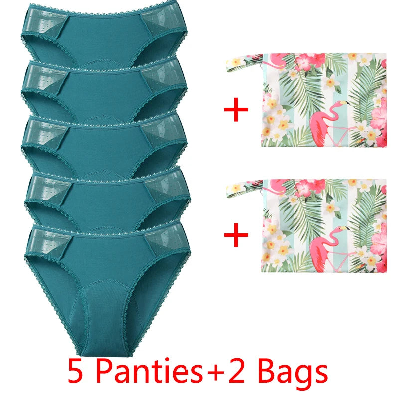 Five-Piece Black Menstrual Brief Set with Sheer Mesh Panels and Travel Bags