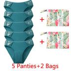 Five-Piece Black Menstrual Brief Set with Sheer Mesh Panels and Travel Bags