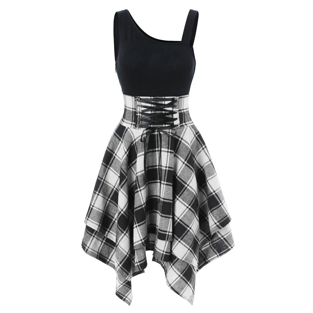 Plaid Handkerchief Hem Mini Dress with Sleeveless Bodice and Retro Styling