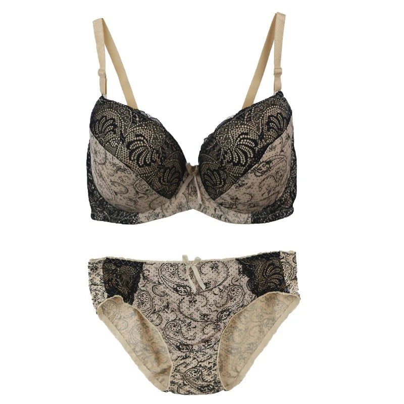 Bold Crimson and Black Floral Lace Push-Up Bra and Panty Set
