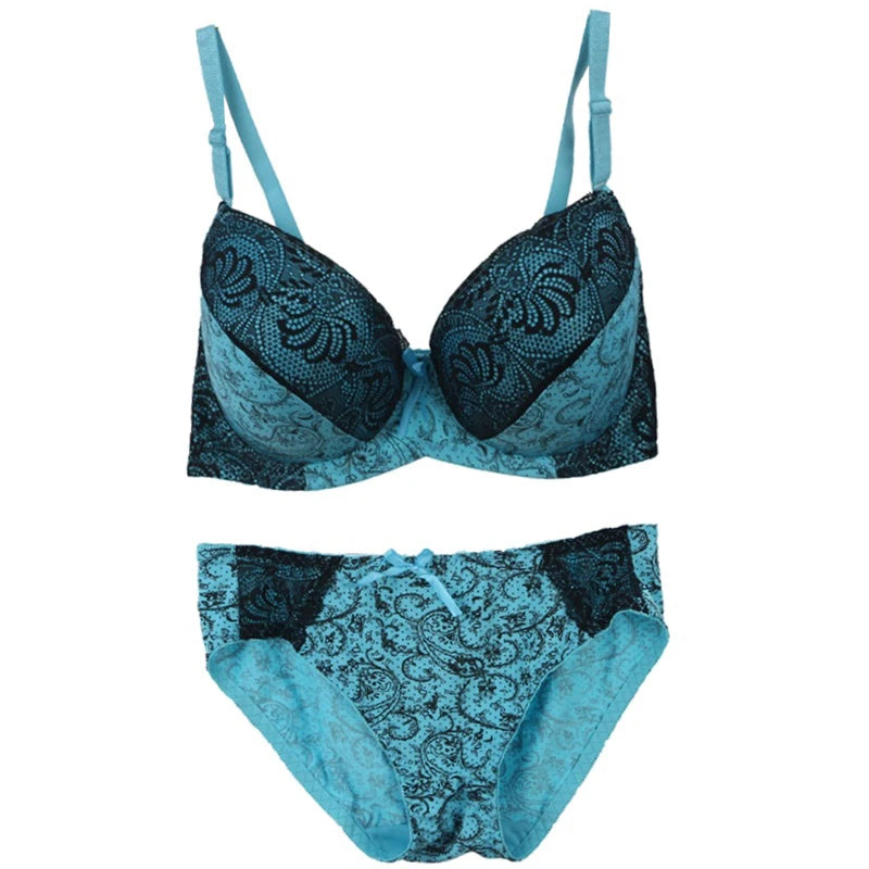 Bold Crimson and Black Floral Lace Push-Up Bra and Panty Set