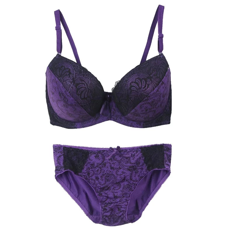 Bold Crimson and Black Floral Lace Push-Up Bra and Panty Set