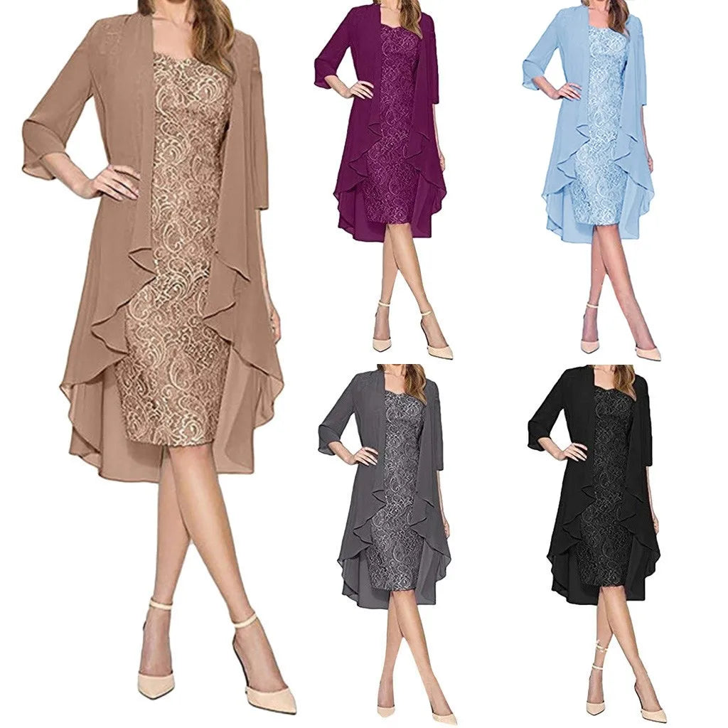 Elegant Two-Piece Lace Midi Dress and Flowing Sheer Duster Jacket Set