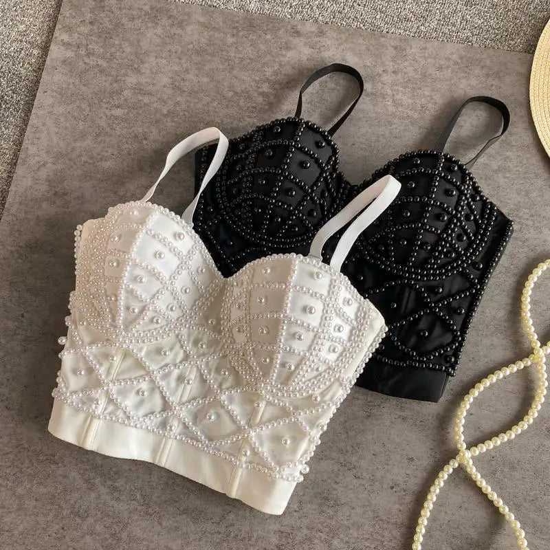 Opulent Black Beaded Bustier Camisole with Geometric Pearl Detailing